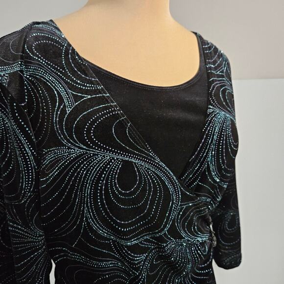 Notations Top Black Aqua Rhinestone Beaded Twofer Crushed Velvet Wrap Buckle PXL - Picture 8 of 11